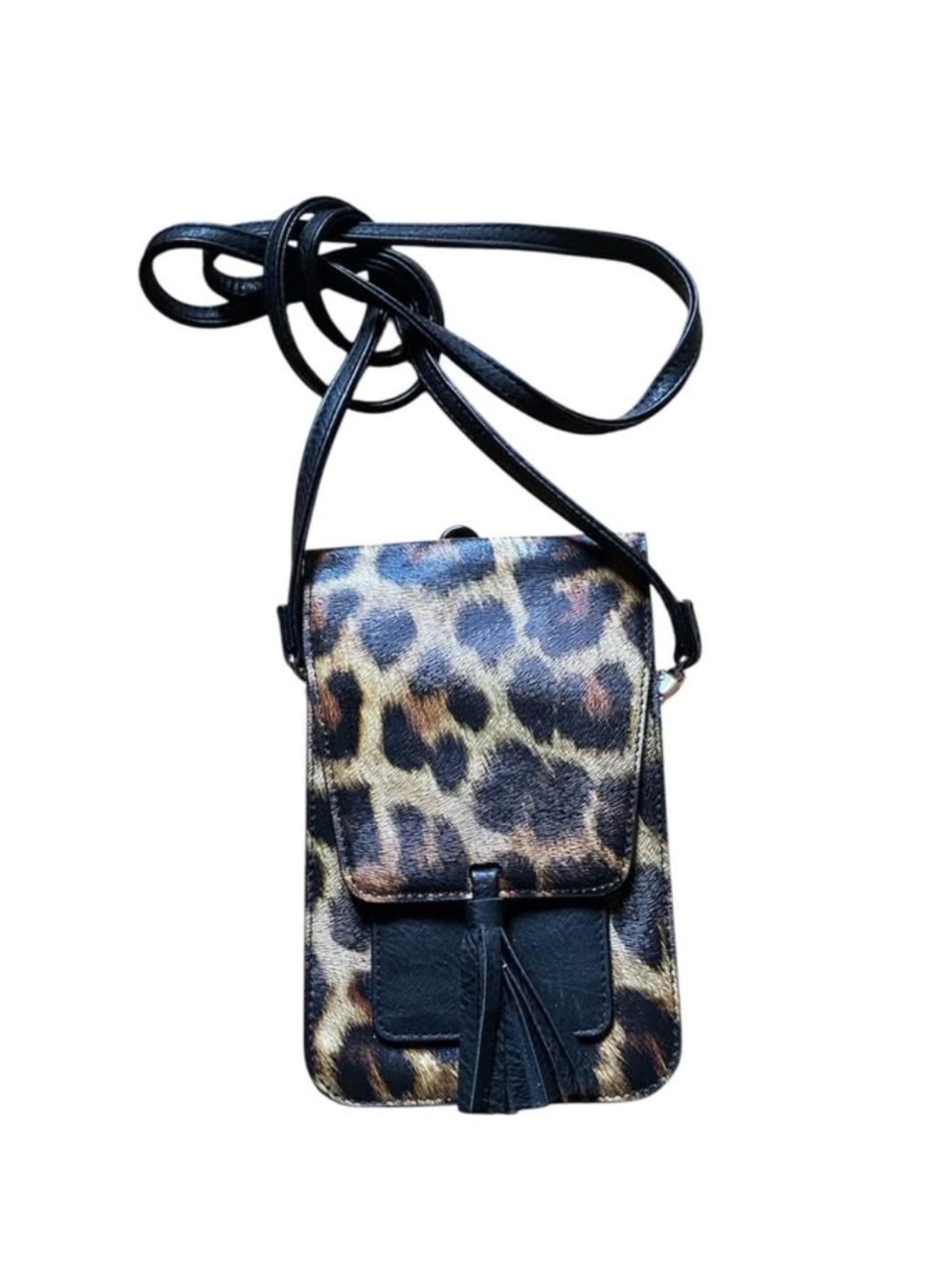 Leopard Print Crossbody Phone Pouch with Black Tassel